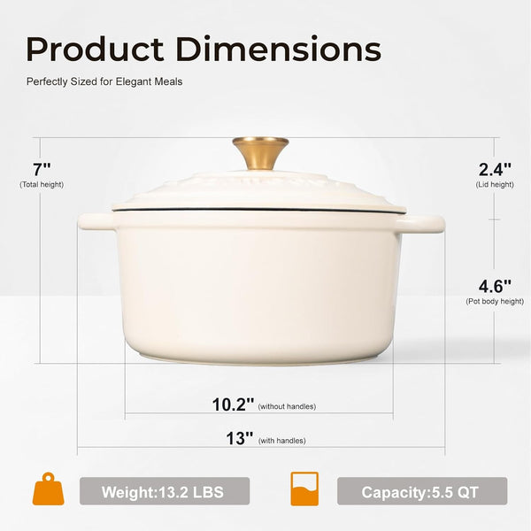 5.5QT Enameled Cast Iron Dutch Oven for Sourdough Bread, Slow Cooking & Home Meals, Beginner-Friendly Pot for Artisan Bread with Crispy Crust & Airy Interior, Easy to Clean, PFAS Free (White)5