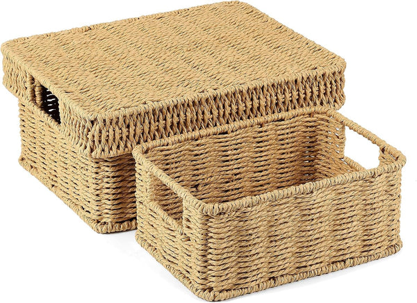 Wicker Storage Basket with Lid for Shelves, Set of 2, Natural1