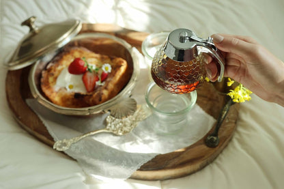 Stainless Steel Shaft Honey and Maple Syrup Dispenser - No Drip Glass Honeycomb Jar with Stand, 8 Oz Syrup Pot, Silver Plastic Top6