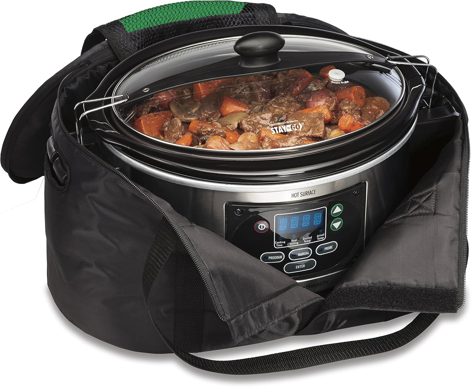 7-quart-programmable-slow-cooker-with-flexible-easy-programming-dishwasher-safe-crock-lid-silver-33473-travel-case-carrier-insulated-bag-33002-black