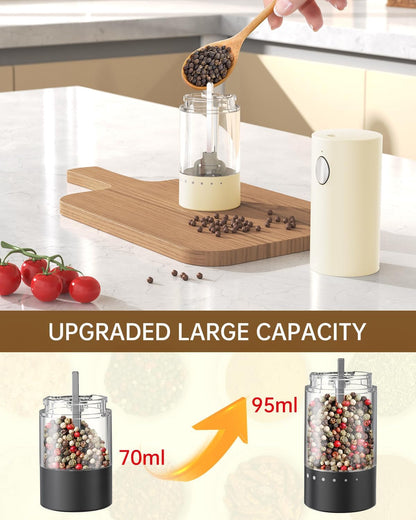 Electric Salt and Pepper Grinder Set Rechargeable Salt and Pepper Mills with Storage Base, Adjustable Coarseness and LED White Light, Washable 95Ml Container, Light Yellow4