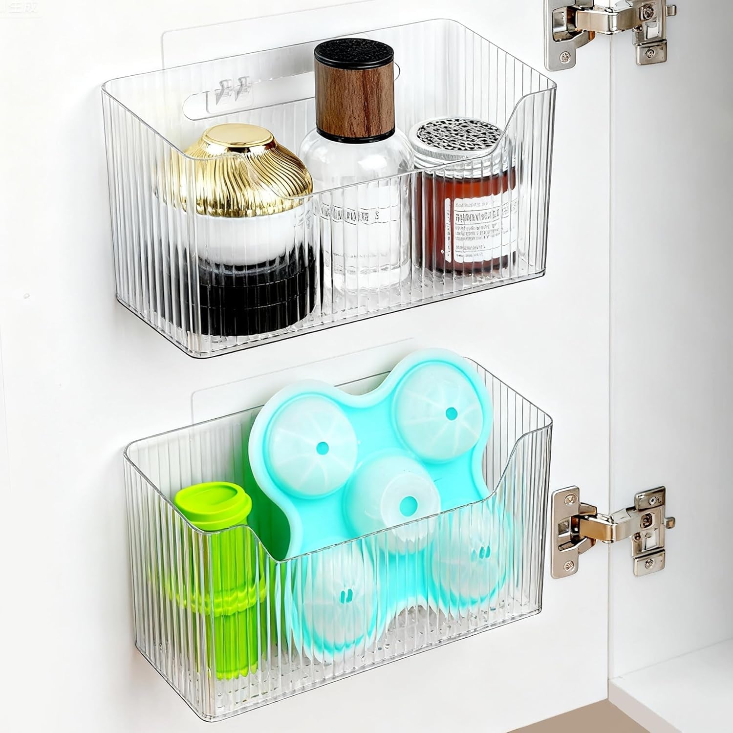 2-pack-cabinet-door-organizer-adhesive-wall-mounted-organizer-bins-clear-storage-caddy-stackable-basket-for-kitchen-cabinets-bathroom-pantry-office-and-tabletop-organization
