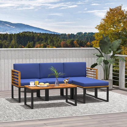 5 Pieces Patio Conversation Set, Acacia Wood Chair Set with Ottoman & Coffee Table, Comfy Seat & Back Cushions, Outdoor Wood Furniture Set for Backyard, Poolside, Garden4