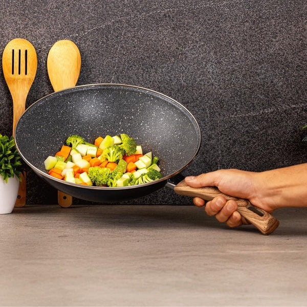 Nonstick Wok Pan 11 Inch Enamel Steel Gray | Induction Compatible, All Stovetop Ready, Even Heat Cooking, Wood-Look Handle, Lightweight Design, Easy Cleanup4