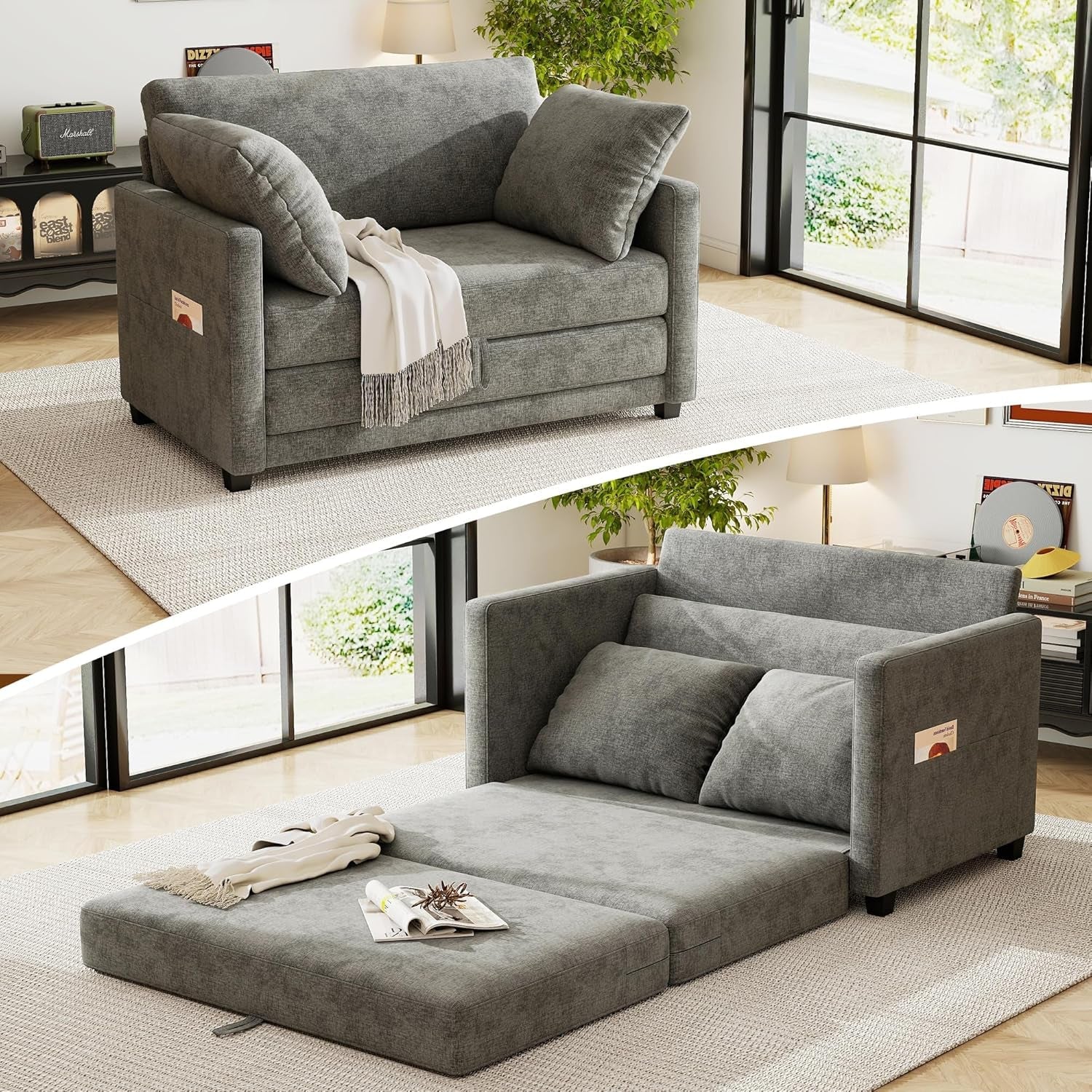 51-loveseat-sleeper-sofa-bed-chenille-convertible-floor-sofa-bed-for-small-spaces-folding-couch-bed-with-deep-seat-2-pillows-solid-frame-pull-out-floor-couch-for-living-room-grey