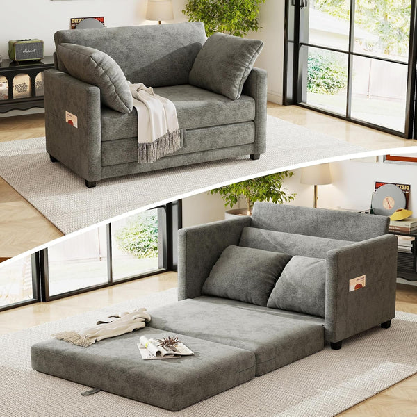 51" Loveseat Sleeper Sofa Bed, Chenille Convertible Floor Sofa Bed for Small Spaces, Folding Couch Bed with Deep Seat, 2 Pillows & Solid Frame, Pull Out Floor Couch for Living Room, Grey1