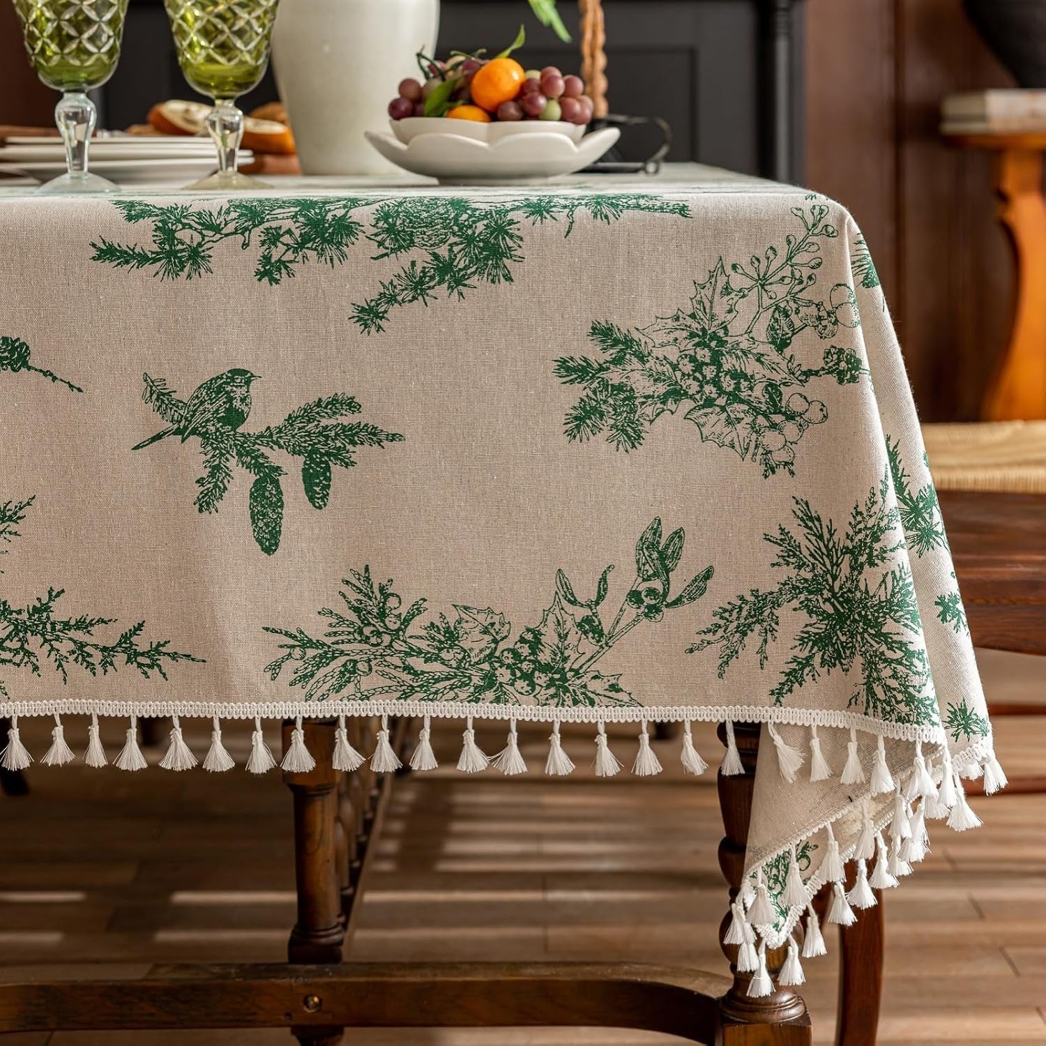 square-vintage-cotton-linen-tablecloth-with-stitching-tassels-washable-fabric-table-cover-for-dining-kitchen-tea-party-60-x-60-inches-green-pine-cone