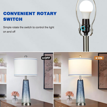 Coastal Glass Table Lamps for Living Room, 26" Table Lamps with USB A+C Ports & AC Outlet, Touch Control Bedside Nightstand Lamp with Crystal Night Light for End Table Office Desk Blue(Bulbs Included)6