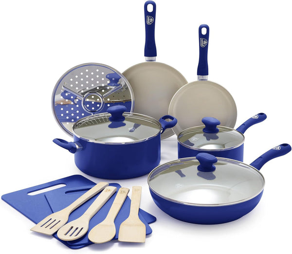 Sandstone Healthy Ceramic Nonstick, 15 Piece Kitchen Cookware Pots and Frying Sauce Pans Set, PFAS- Free, Dishwasher Safe, Blue1