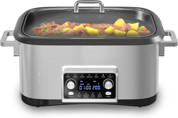 12-In-1 Programmable Slow Cooker, 8 Quart Slow Cooker with Timer, Temp Control and Auto Shut Off, Multi Cooker with Steaming Rack, Dishwasher-Safe Visual Glass Lid, Stainless Steel1