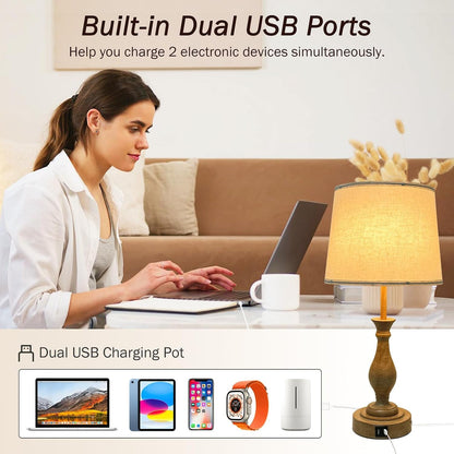 Farmhouse Table Lamp Touch Control 3-Way Dimmable Table Lamp, Modern Nightstand Lamp with 2 USB Port Bedside Desk Lamp with Fabric Shade for Living Room (Pack 1-Beige Shade & Touch)3