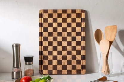 Cutting Boards for Kitchen, Checkered Cutting Board Upgraded, Acacia Wood Chopping Board with Juice Grooves & Handles, Large Butcher Block Serving Tray with Gift Box, 17"X12"X0.8"6