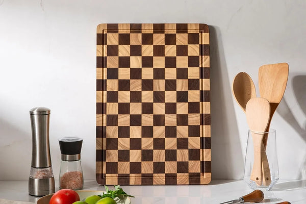 Cutting Boards for Kitchen, Checkered Cutting Board Upgraded, Acacia Wood Chopping Board with Juice Grooves & Handles, Large Butcher Block Serving Tray with Gift Box, 17"X12"X0.8"6