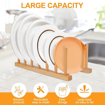 Bamboo Wooden Dish Racks Plate Stand Holder Vertical Drainer Kitchen Cabinet Organizer for Dish, Pots, Lids, Bowls, Cups, and Cutting Boards and Books(2 Packs)5