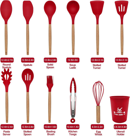 Silicone Kitchen Utensil Set, 12-Piece Cooking Spatula Set with Natural Beech Wood Handles, Non-Stick, Heat Resistant (Red)2