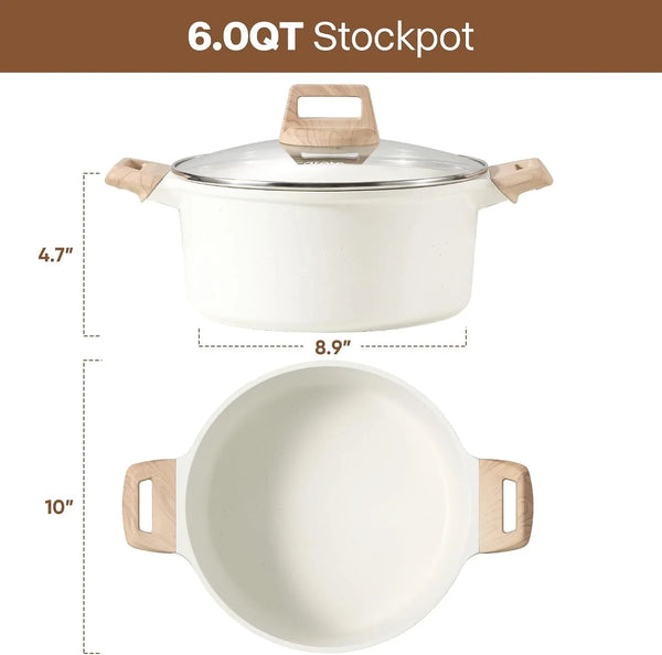 Nonstick Stock Pot with Lid, 6 Quart White Granite | Kitchen Cooker Compatible with All Stoves, Dishwasher Safe, Cookware for Boiling, Simmer, PFOA Free2