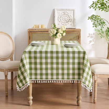 Checkered Tablecloth Rectangle, Linen Cotton Gingham Table Cloth with Tassel, Washable Buffalo Plaid Table Cover Wrinkle Free for Kitchen, Dining and Picnic - 55 X 84 Inch, Sage Green7