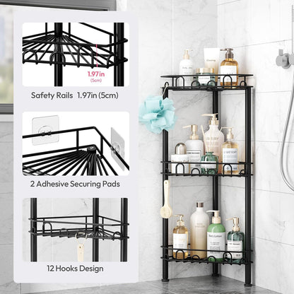 Standing Shower Caddy Corner - 3‑Tier Stainless Steel Shower Organizer Shelf with 12 Hooks and Adhesive Pads, Rustproof Corner Shelves Stand Rack for Bathroom Shower Room, Black4
