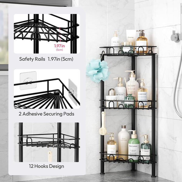 Standing Shower Caddy Corner - 3‑Tier Stainless Steel Shower Organizer Shelf with 12 Hooks and Adhesive Pads, Rustproof Corner Shelves Stand Rack for Bathroom Shower Room, Black4