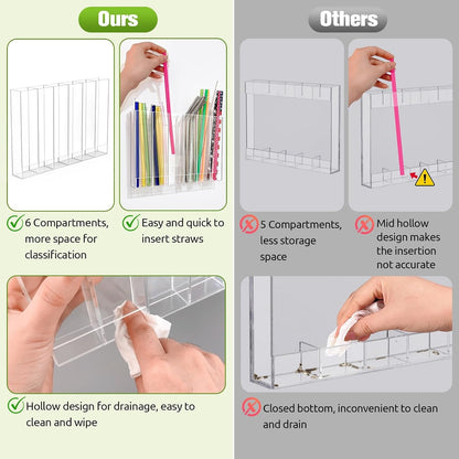 9.6” Large Acrylic Straw Holder for Cabinet Door - 6 Compartments, Easy to Clean, Reusable Tumbler Straw Organizer Storage, Small Kitchen Accessories Container, Ultra Sticky Cupboard Door Mounted6
