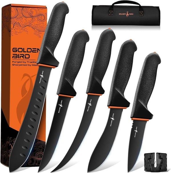 Butcher Knife Set - Non-Slip Skinning Knife Set with Roll Bag | Professional Game Processing Knives Sets - Butcher & Skinning Boning Knives with German Stainless Steel, Gift for Men1