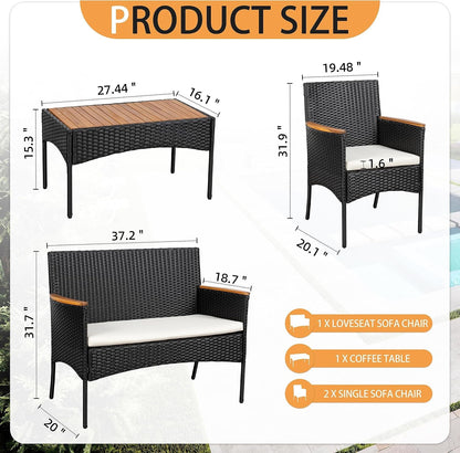 4-Piece Patio Furniture Set, Outdoor Wicker Patio Conversation Furniture Set with Cushions and Wooden Tabletop for Paito Lawn Backyard Pool Garden, Black Rattan3