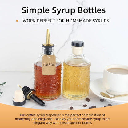 Simple Syrup Bottles Set of 2, Glass Coffee Syrup Dispenser Bottles 7 OZ with Metal Pour Spout, Labels and Stopper, Glass Syrup Dispenser for Maple Honey Syrup Oil and Sauces, LC0022