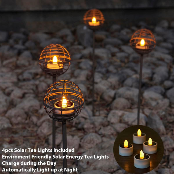 Solar Pathway Lights Outdoor, Rust Iron Ball Candle Holder Stake with Flickering Solar Powered Tea Lights, Perfect Decorative Garden Lighting for Yard Lawn Patio Landscape Decor Outside-4Pack4