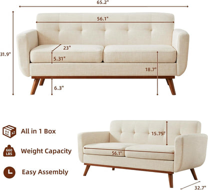 65.2" W Loveseat Sofa, Mid Century Modern Decor Love Seat Couches for Living Room, Button Tufted Upholstered Furniture, Easy to Install Small Couch for Bedroom Office Apartment, Beige2