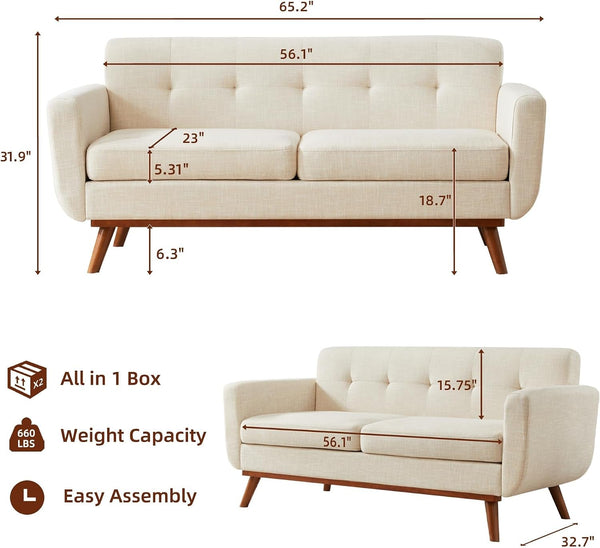 65.2" W Loveseat Sofa, Mid Century Modern Decor Love Seat Couches for Living Room, Button Tufted Upholstered Furniture, Easy to Install Small Couch for Bedroom Office Apartment, Beige2
