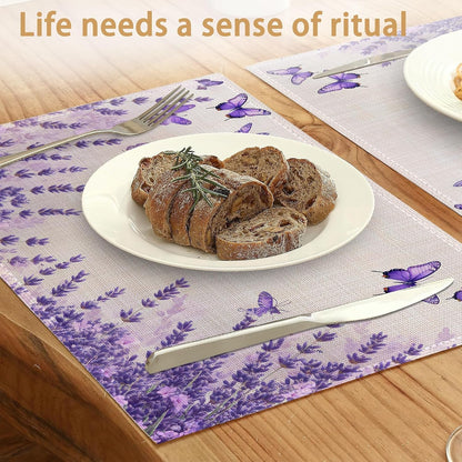 6 Pcs Placemats,Lavender Butterfly Placemat,Purple Table Mats Washable Recyclable Table Placemats for Indoor Outdoor Heat Resistant Kitchen Dining 12"X18"2