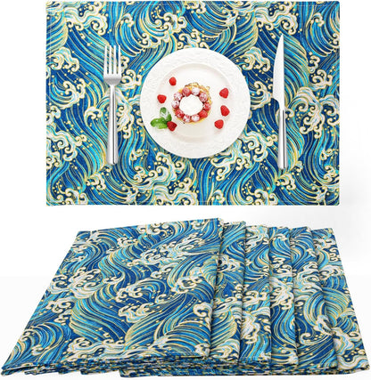 Blue Japanese Style Fabric Placemats 13 X 19 Inch Set of 61