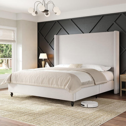 Queen Upholstered Bed Frame with 63" Headboard & Wingback, Cream1