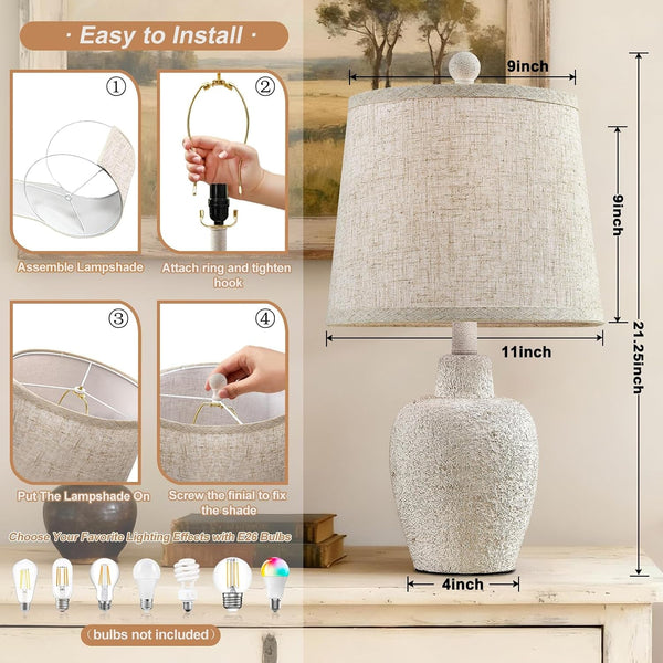 Table Lamps for Bedroom Set of 2 Farmhouse Table Lamps for Living Room 21" Rustic Cottage Jar-Shaped Bedside Lamp for Nightstand with Natural Beige Finish,Bulbs Not Included2