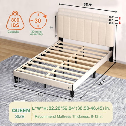 Queen Bed Frame Platform with Adjustable Upholstered Headboard Mattress Foundation No Box Spring Needed Easy Assembly Noise-Free, Velvet Beige2