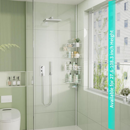 Corner Shower Caddy Organizer - Shower Organizer Corner with Soap Holder, Toothbrush Holder and 4 Hooks, Rustproof Bathroom Shelf Tension Pole Available for 27.6 to 108.3 Inch - White3