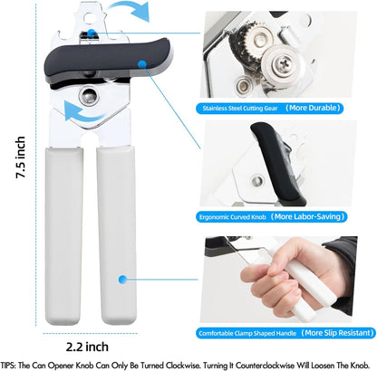 Can Opener Manual, Can Openers Hand Held with Comfort Anti-Slip Handles, Heavy Duty Stainless Steel Can Opener Smooth Edge and Bottle Openers, Easy Turn Can Openers for Seniors, Kitchen, White2