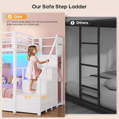Bunk Bed Twin over Twin with Stairs, Storage Drawers and LED Lights3