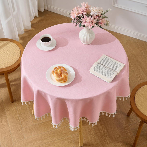 Pink round Tablecloth 55 Inch, Linen Style Fabric5