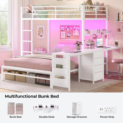 Bunk Bed Twin over Full with Drawers, 2 Person Desk, White4