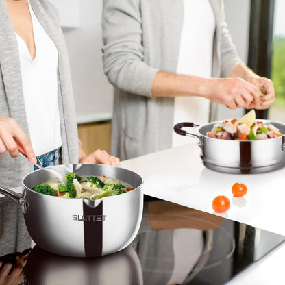 Tri-Ply Whole-Clad Stainless Steel Sauce Pan with Pour Spout,2.5 Quart Small Multipurpose Pasta Pot with Strainer Glass Lid, Saucepan for Cooking with Stay-Cool Handle.6