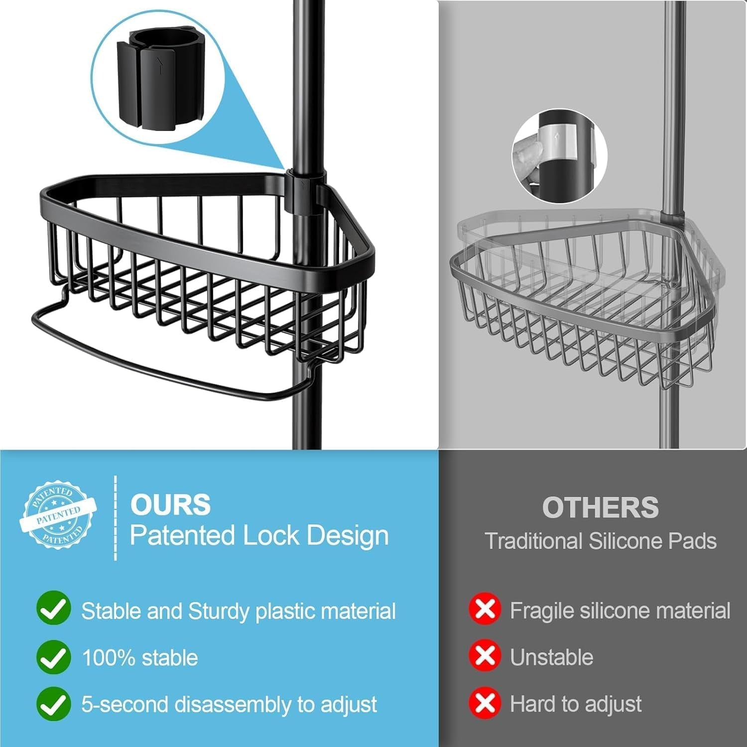 heavy-duty-shower-caddy-snap-on-clip-2-pack-patented-5-sec-no-drill-install-20-lb-capacity-and-adjustable-abs-clip-for-bath-shelves