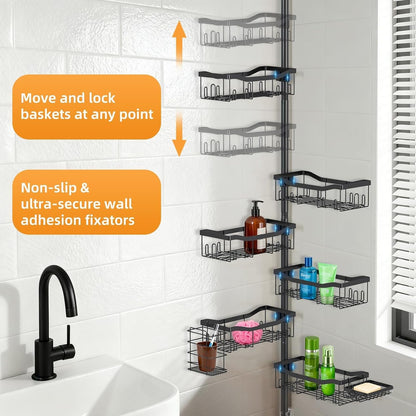 Shower Caddy Corner, 6 Tier Tension Pole Rod Bathroom Organizer Shelves, Adjustable Bathtub Shampoo Stand Rack with Towel Rack 2 Holders for inside Shower Storage, 47-122 Inch, Black5