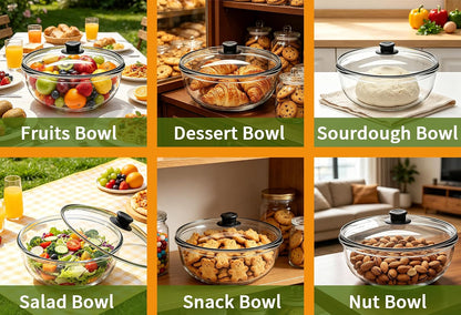 6 Qt Large Glass Mixing Bowl with Glass Lid, Clear Glass Bowl for Sourdough Salad Bowls with Lid & Handle,Thickened Glass Big Mixing Bowls Cooking Bowl for Food Prep, Kitchen,Dinner6