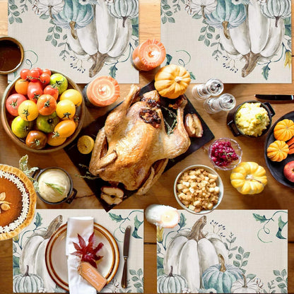 Fall Thanksgiving Placemats Set of 6 Pumpkin Table Mats for Kitchen Dining Table, Farmhouse Heat-Resistant Cotton Linen Place Mats for Indoor Outdoor Parties Holiday Decoration, Teal Grey White6