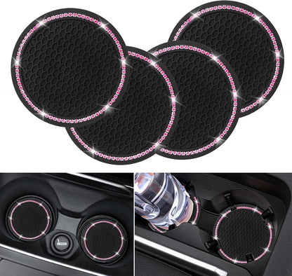4 Pack Car Coasters, Universal Vehicle Bling Car Coaster, Cute Rhinestone Coaster for Cup Holders,Interior Accessories 2.75'' Silicone anti Slip Car Coasters for Women (Pink Crystal Circle)1