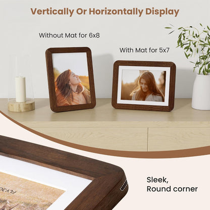 6X8 Picture Frame,Natural Solid Walnut Wood 6 X 8 Photo Frame with HD Tempered Glass,Rounded Corner 6 by 8 Wooden Frame Matted to 5X7 Photos,6X8 Frames for Tabletop or Wall Display5