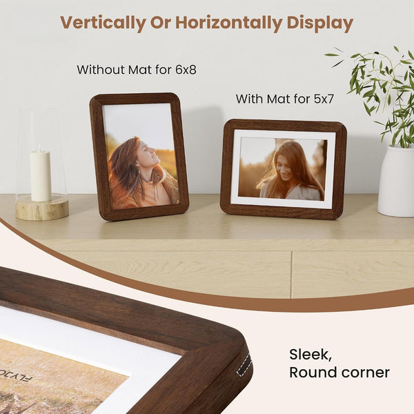 6X8 Picture Frame,Natural Solid Walnut Wood 6 X 8 Photo Frame with HD Tempered Glass,Rounded Corner 6 by 8 Wooden Frame Matted to 5X7 Photos,6X8 Frames for Tabletop or Wall Display5