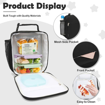 Kids Lunch Box Insulated Letter Print Soft Bag Mini Cooler Back to School Thermal Meal Tote Kit for Girls, Boys, Black4