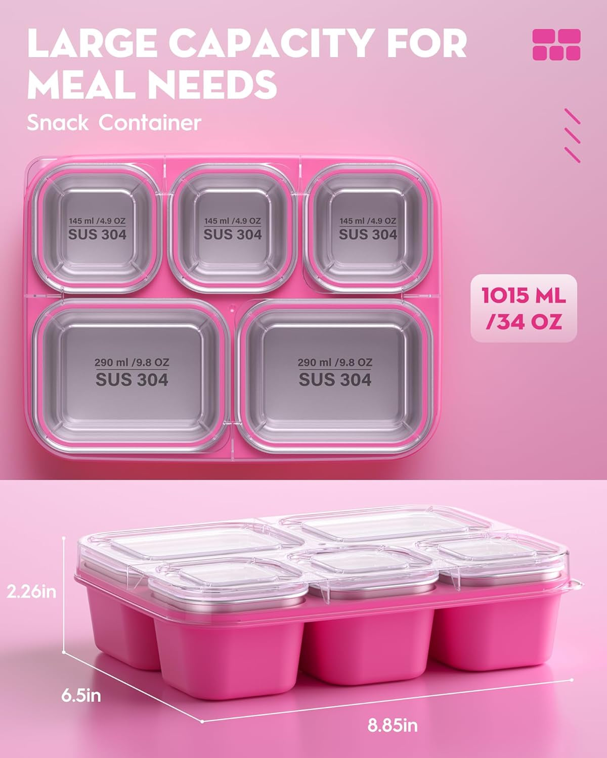 snackle-box-containers-stainless-steel-5-compartments-divided-serving-tray-with-lid-removable-leakproof-portable-bento-box-for-fruit-candy-nuts-food-school-picnic-and-travel-pink